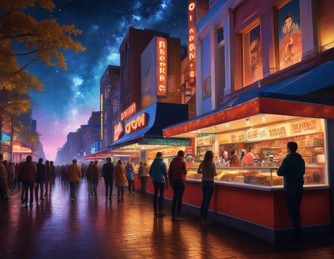 A cinematic landscape showcasing a diverse group of film enthusiasts viewing giant movie posters depicting various genres: drama, thriller, comedy, and sci-fi. Each poster is illuminated by soft, colorful lights, while a popcorn stand adorns the foreground, inviting viewers. The scene is filled with excitement and anticipation, with a starry night sky above. vibrant colors. super-realistic.